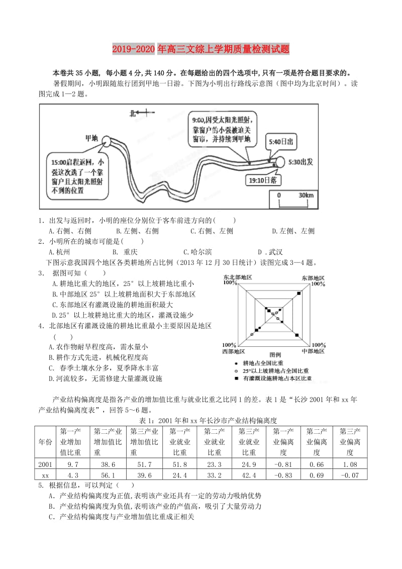 2019-2020年高三文综上学期质量检测试题.doc_第1页