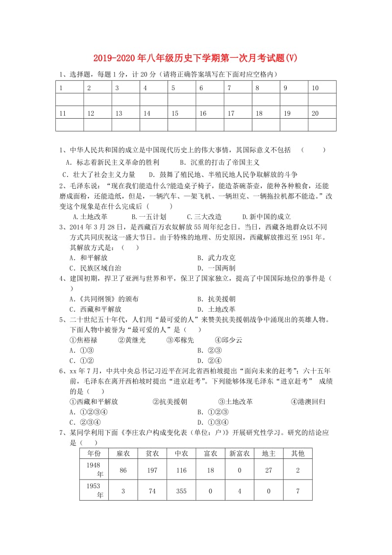 2019-2020年八年级历史下学期第一次月考试题(V).doc_第1页