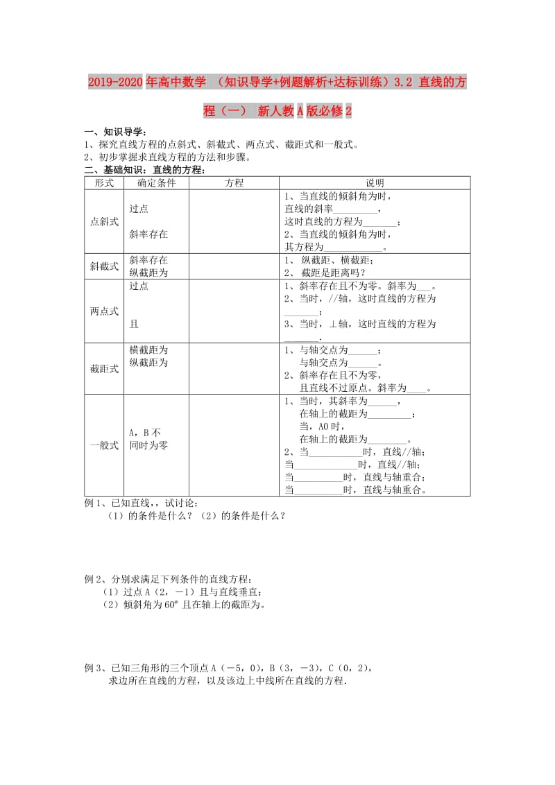 2019-2020年高中数学 （知识导学+例题解析+达标训练）3.2 直线的方程（一） 新人教A版必修2.doc_第1页