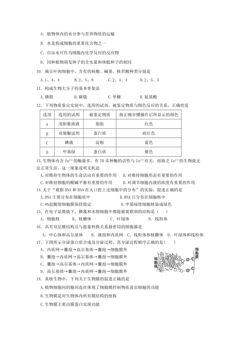 2019-2020年高一生物上学期期末质量检测试题(I).doc_第2页