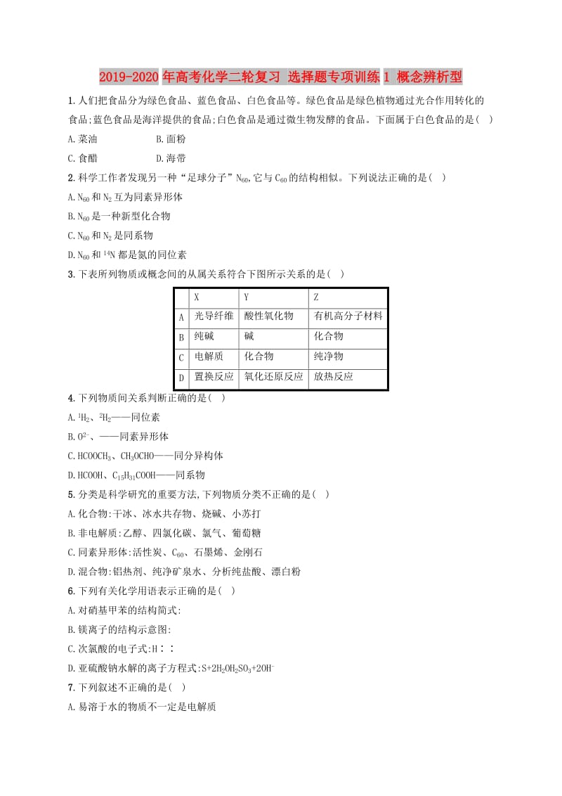 2019-2020年高考化学二轮复习 选择题专项训练1 概念辨析型.doc_第1页