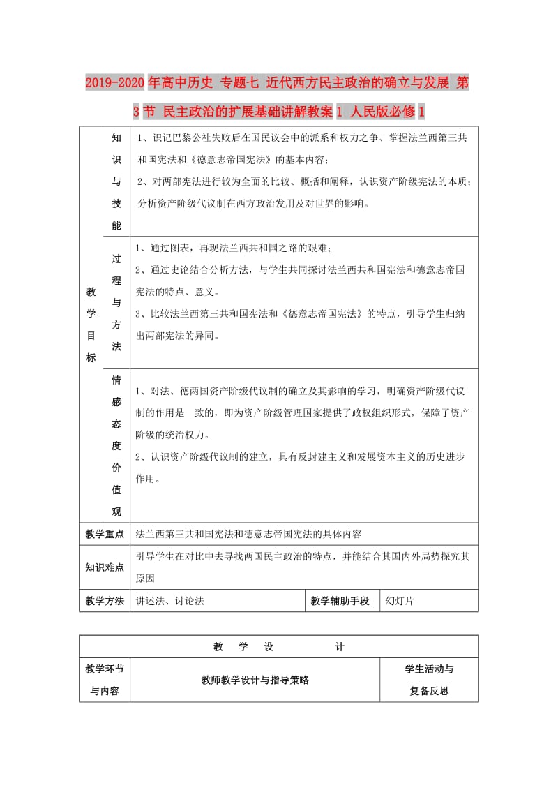 2019-2020年高中历史 专题七 近代西方民主政治的确立与发展 第3节 民主政治的扩展基础讲解教案1 人民版必修1.doc_第1页