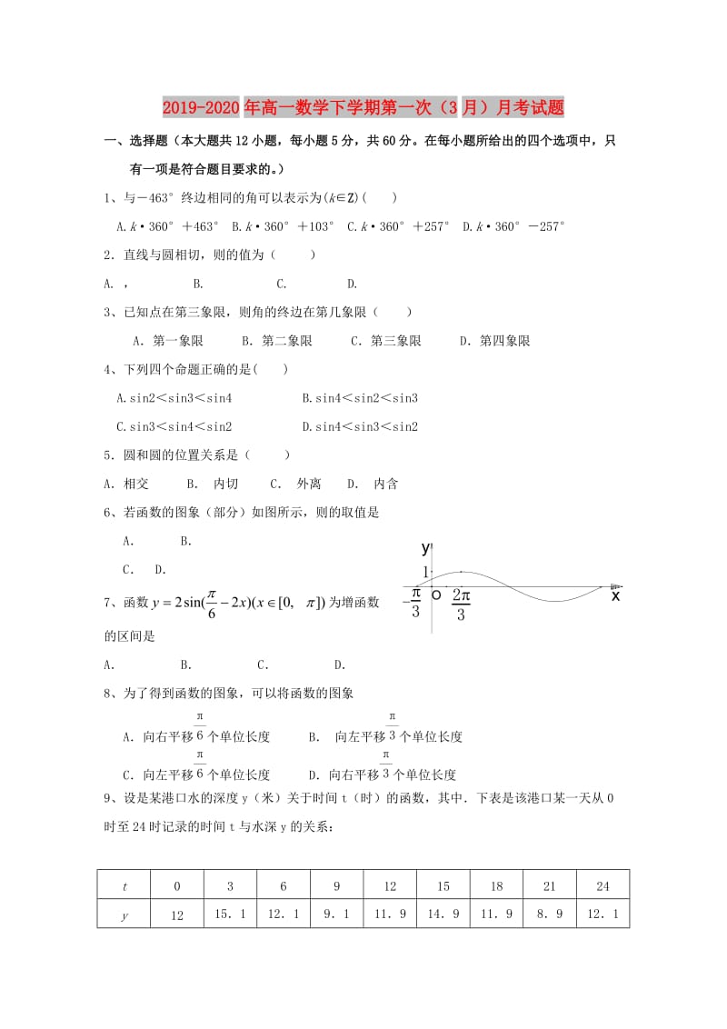 2019-2020年高一数学下学期第一次（3月）月考试题.doc_第1页