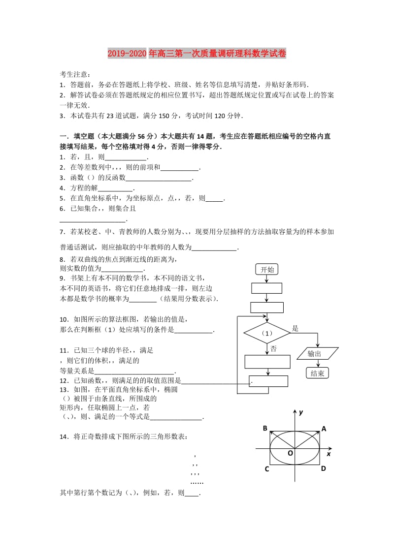 2019-2020年高三第一次质量调研理科数学试卷.doc_第1页