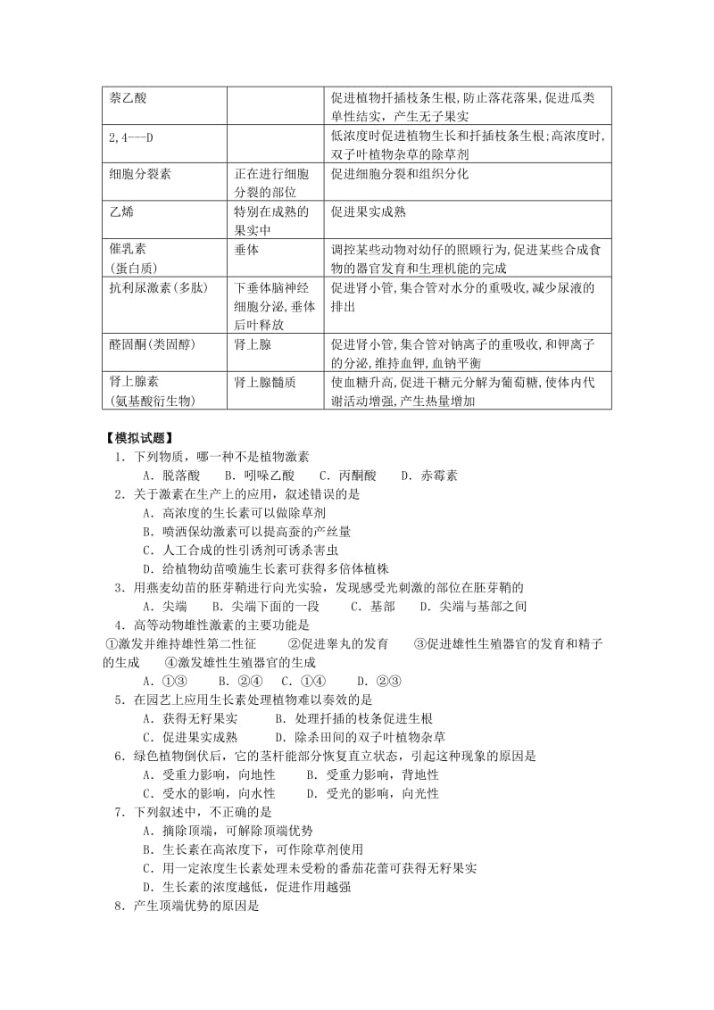 2019-2020年高三生物专题复习 生命活动的调节生长素神经元体液调节教案.doc_第3页