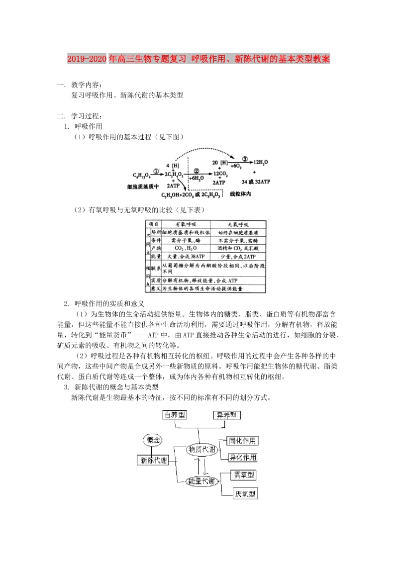 2019-2020年高三生物专题复习 呼吸作用、新陈代谢的基本类型教案.doc_第1页