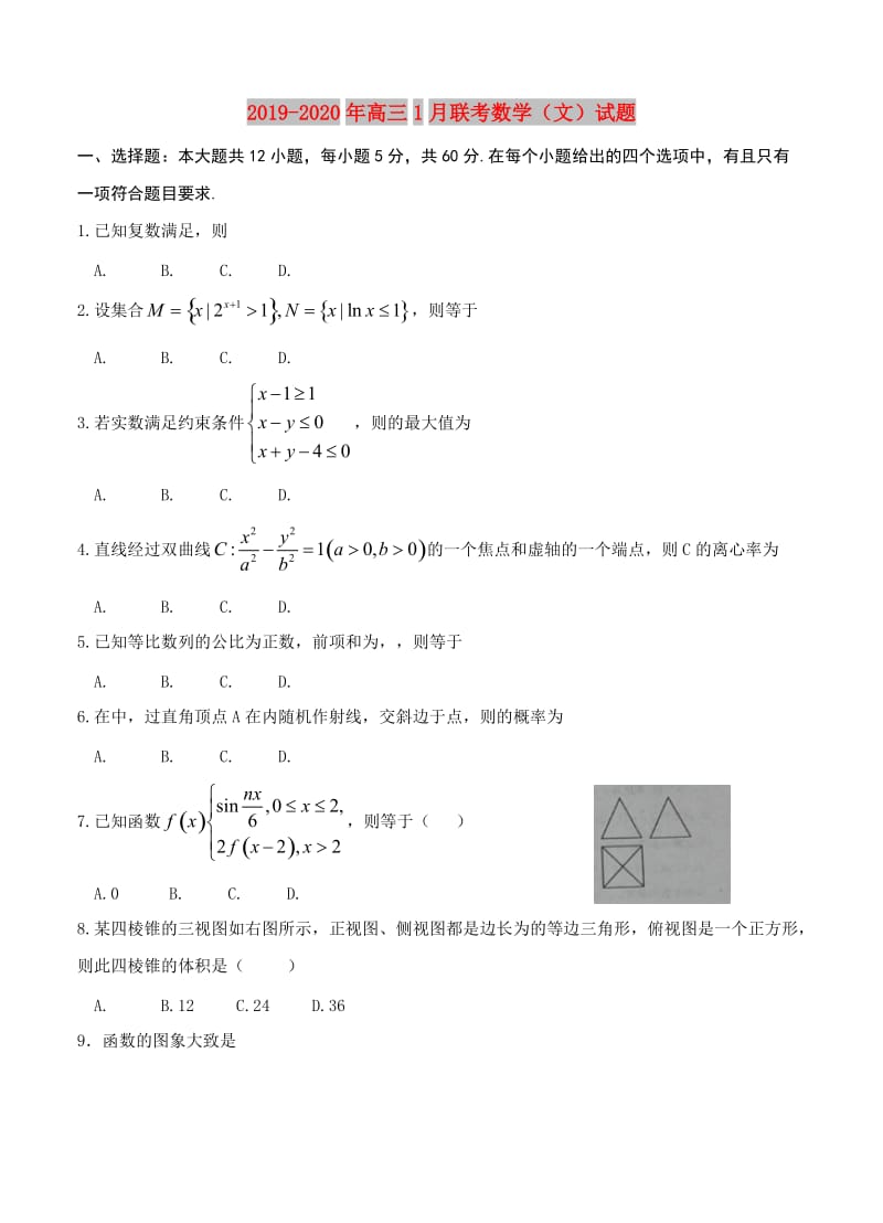 2019-2020年高三1月联考数学（文）试题.doc_第1页