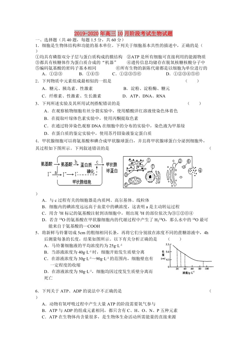 2019-2020年高三10月阶段考试生物试题.doc_第1页