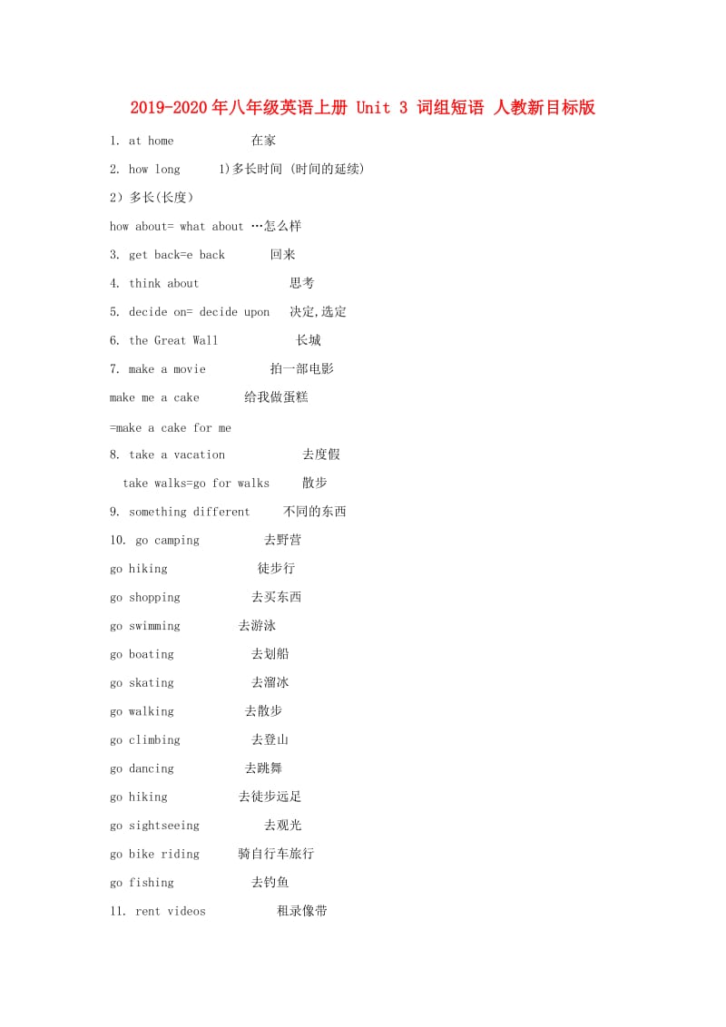 2019-2020年八年级英语上册 Unit 3 词组短语 人教新目标版.doc_第1页