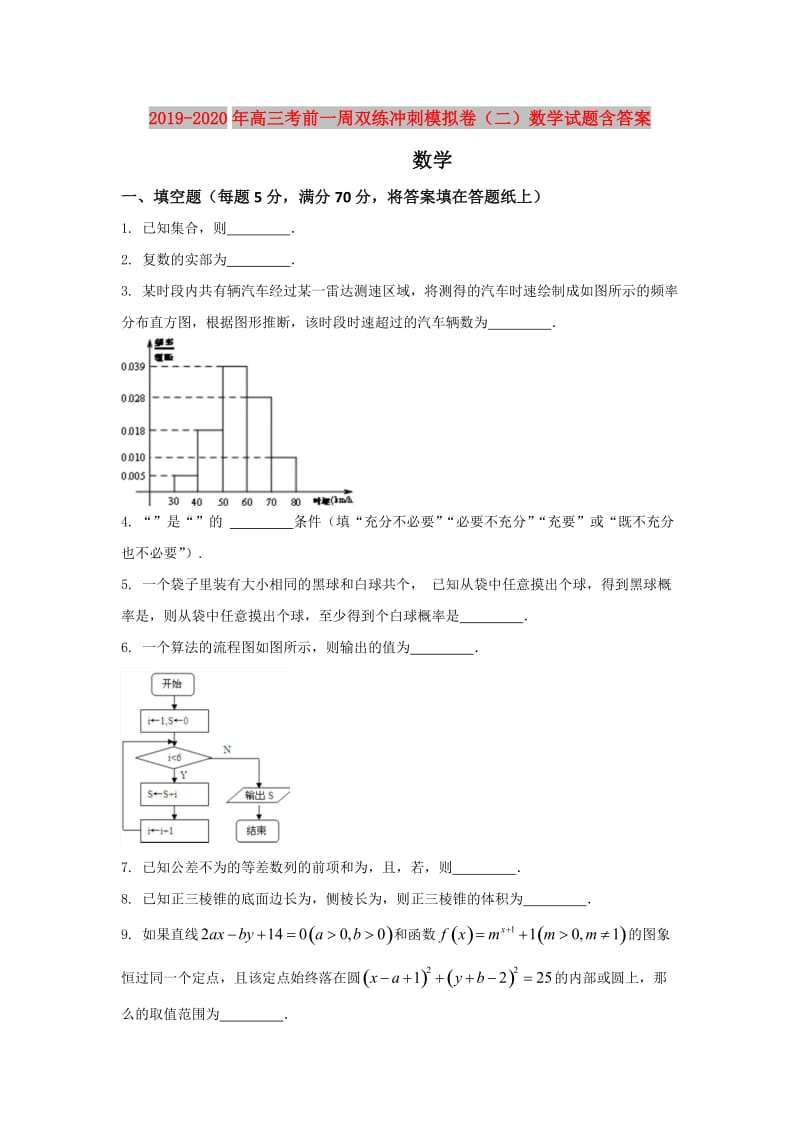 2019-2020年高三考前一周双练冲刺模拟卷（二）数学试题含答案.doc_第1页