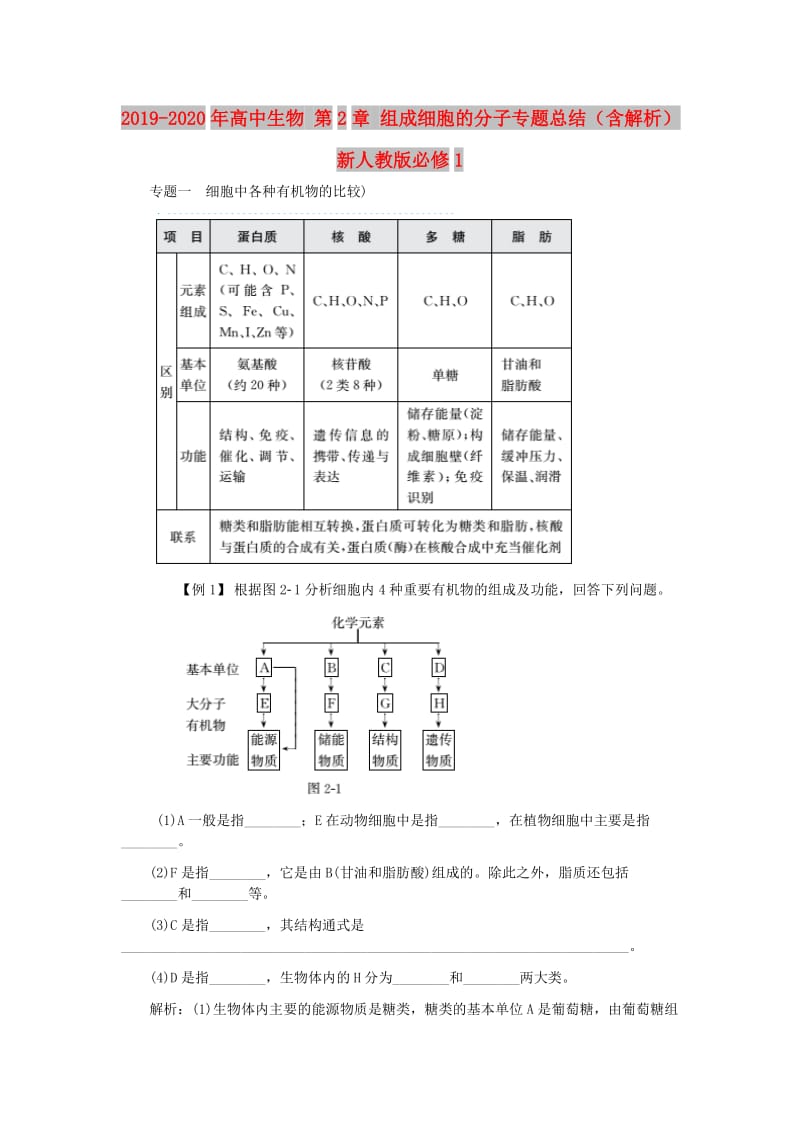 2019-2020年高中生物 第2章 组成细胞的分子专题总结（含解析）新人教版必修1.doc_第1页