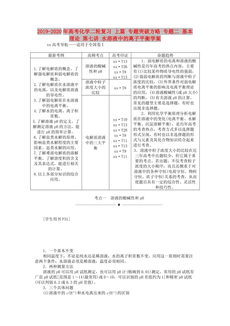 2019-2020年高考化学二轮复习 上篇 专题突破方略 专题二 基本理论 第七讲 水溶液中的离子平衡学案.doc_第1页