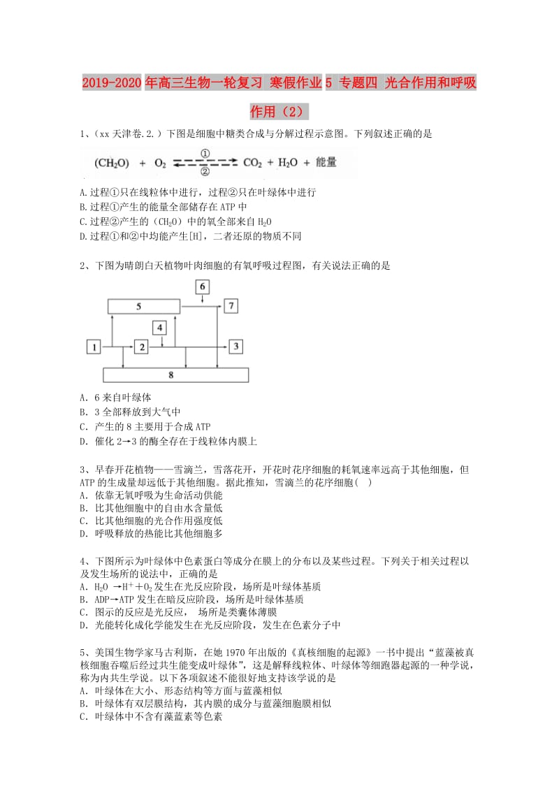 2019-2020年高三生物一轮复习 寒假作业5 专题四 光合作用和呼吸作用（2）.doc_第1页