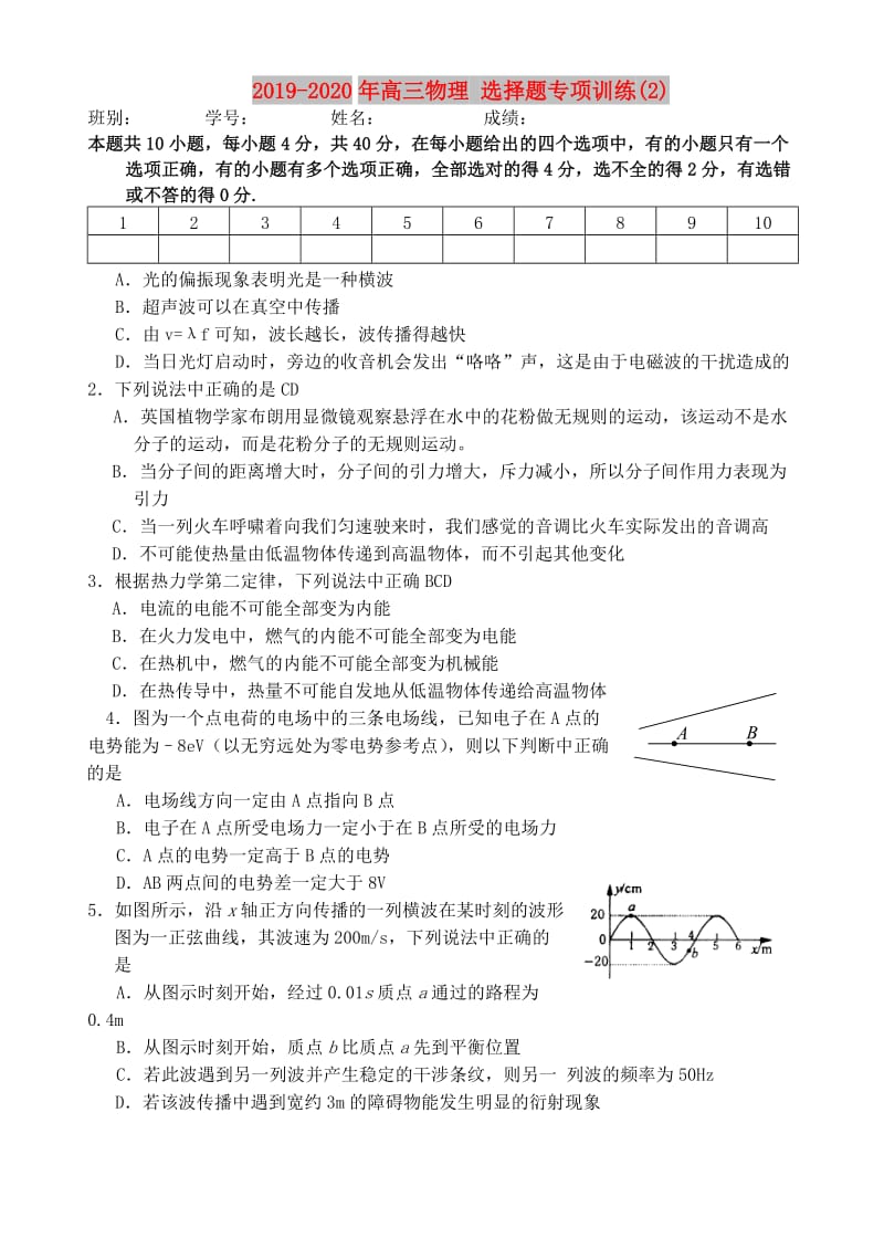 2019-2020年高三物理 选择题专项训练(2).doc_第1页