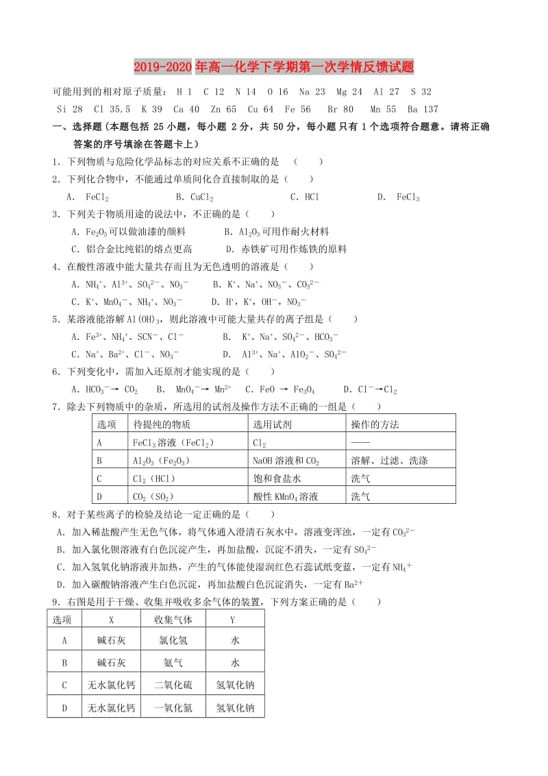 2019-2020年高一化学下学期第一次学情反馈试题.doc_第1页