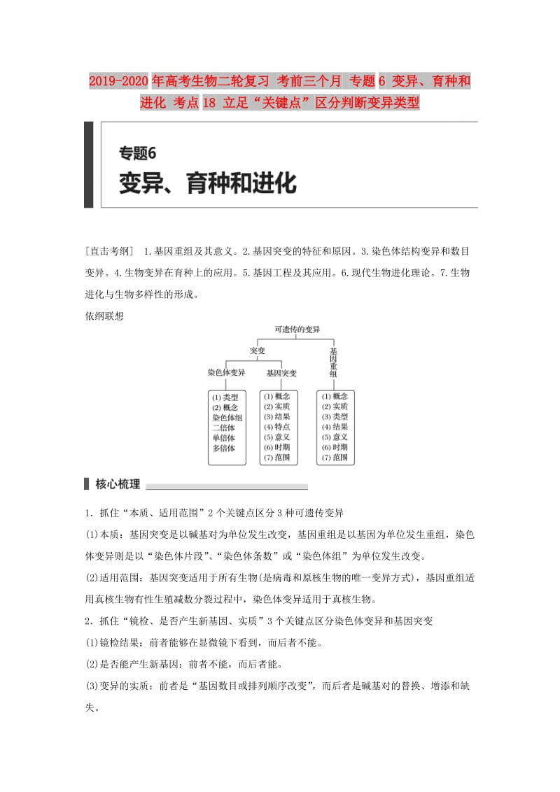 2019-2020年高考生物二轮复习 考前三个月 专题6 变异、育种和进化 考点18 立足“关键点”区分判断变异类型.doc_第1页