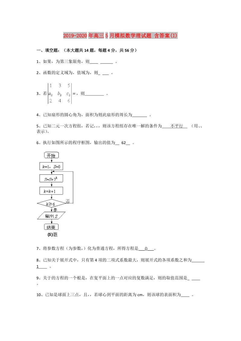 2019-2020年高三5月模拟数学理试题 含答案(I).doc_第1页