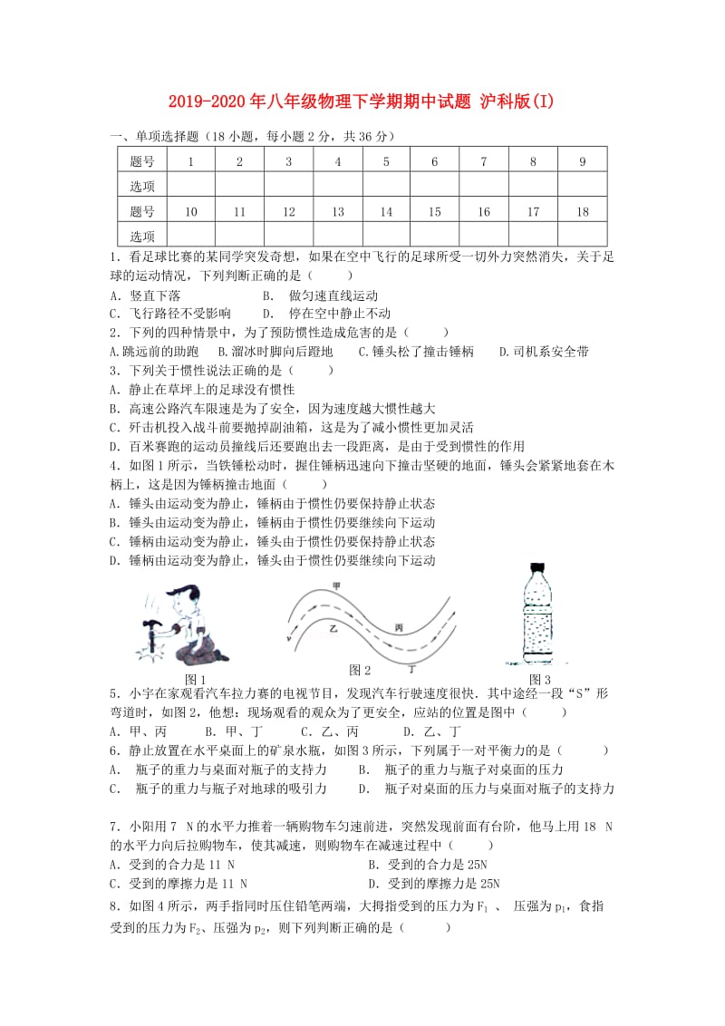 2019-2020年八年级物理下学期期中试题 沪科版(I).doc_第1页