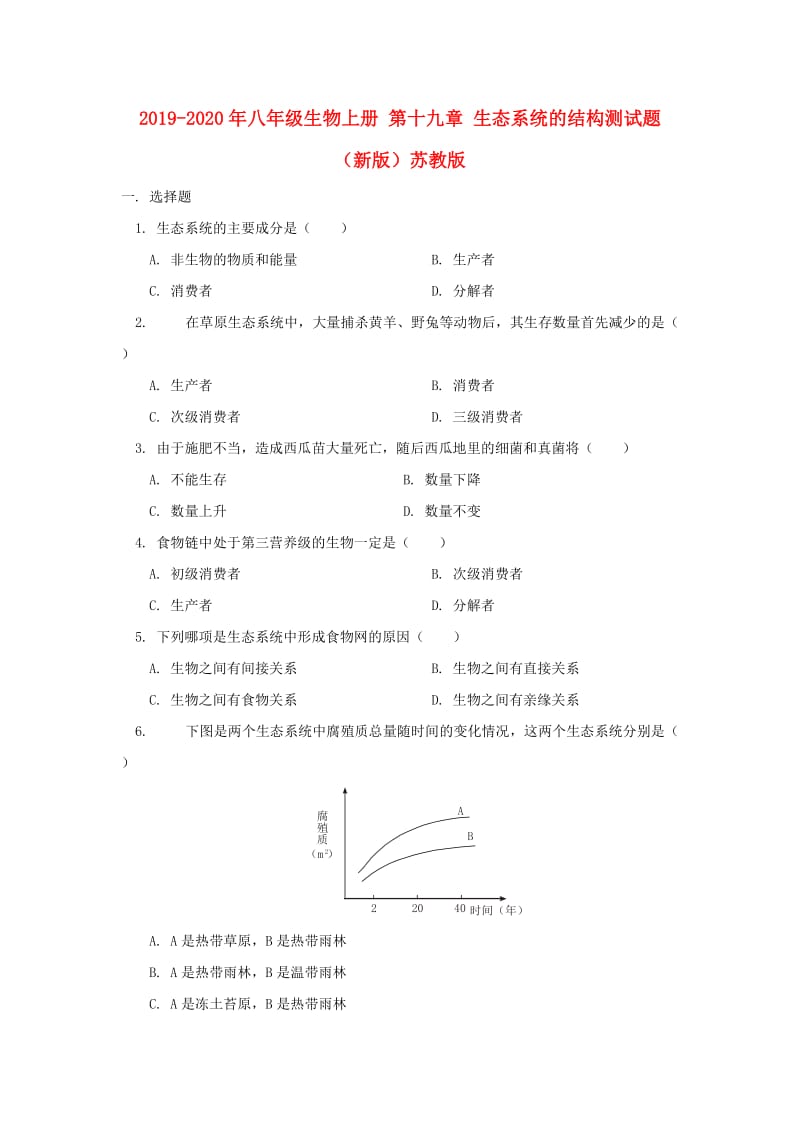 2019-2020年八年级生物上册 第十九章 生态系统的结构测试题（新版）苏教版.doc_第1页