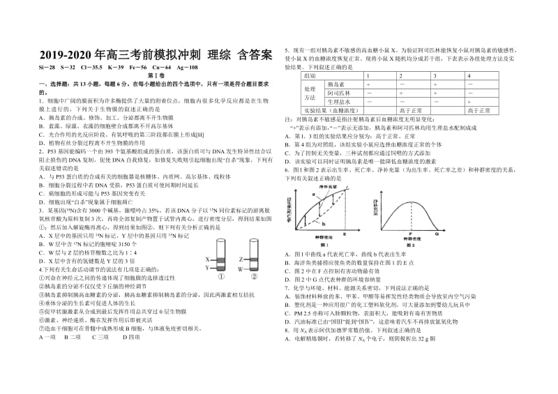 2019-2020年高三考前模拟冲刺 理综 含答案.doc_第1页