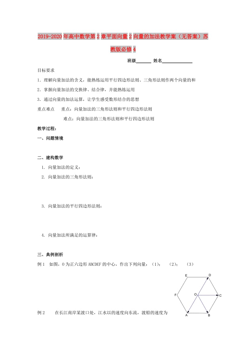 2019-2020年高中数学第2章平面向量2向量的加法教学案（无答案）苏教版必修4.doc_第1页