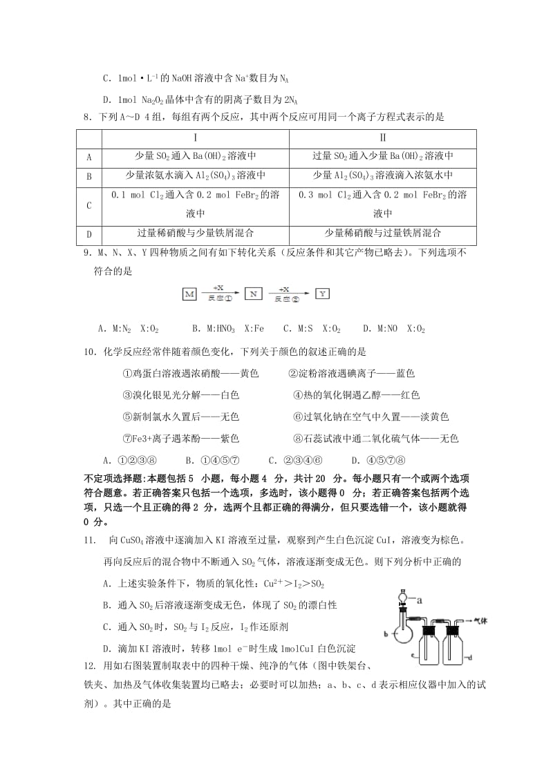 2019-2020年高三化学上学期第一次诊断考试试题.doc_第2页