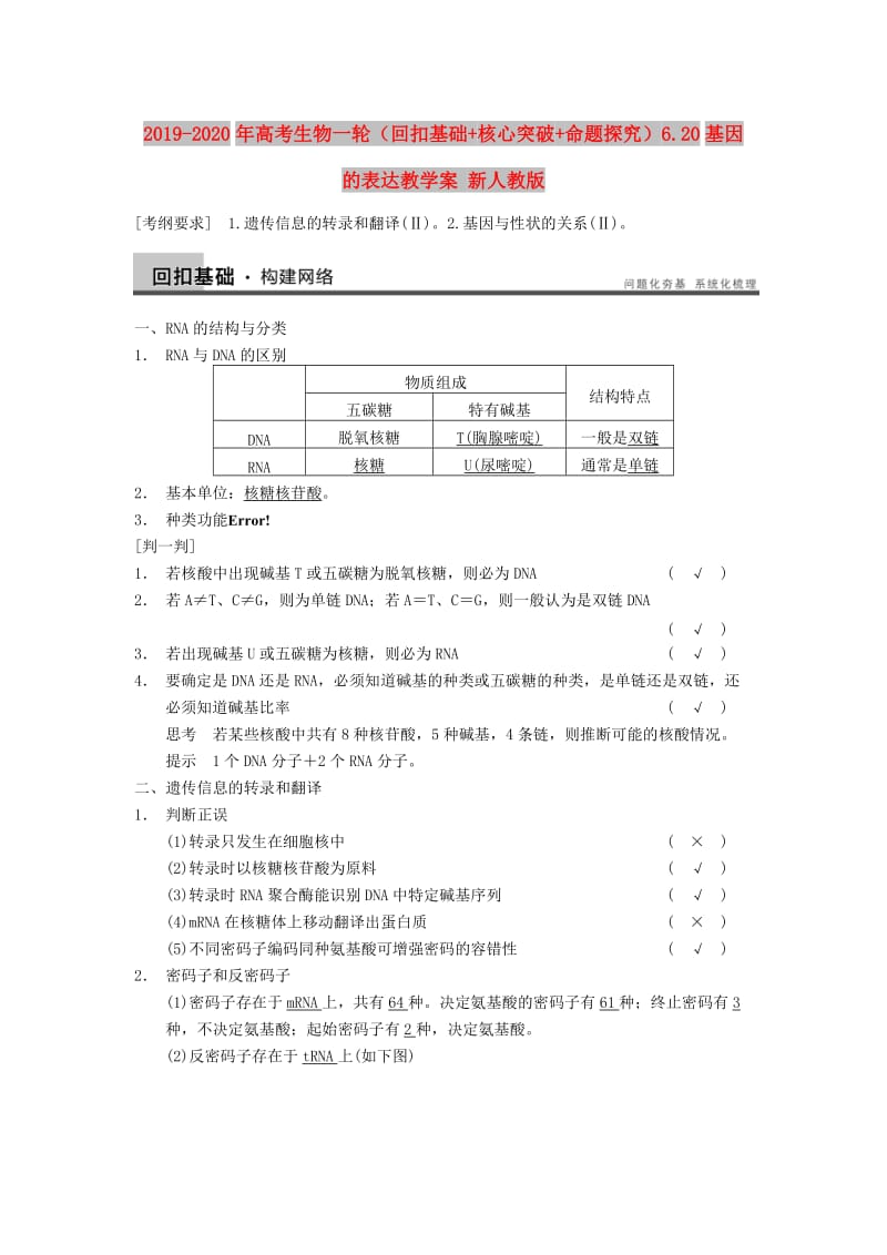 2019-2020年高考生物一轮（回扣基础+核心突破+命题探究）6.20基因的表达教学案 新人教版.doc_第1页