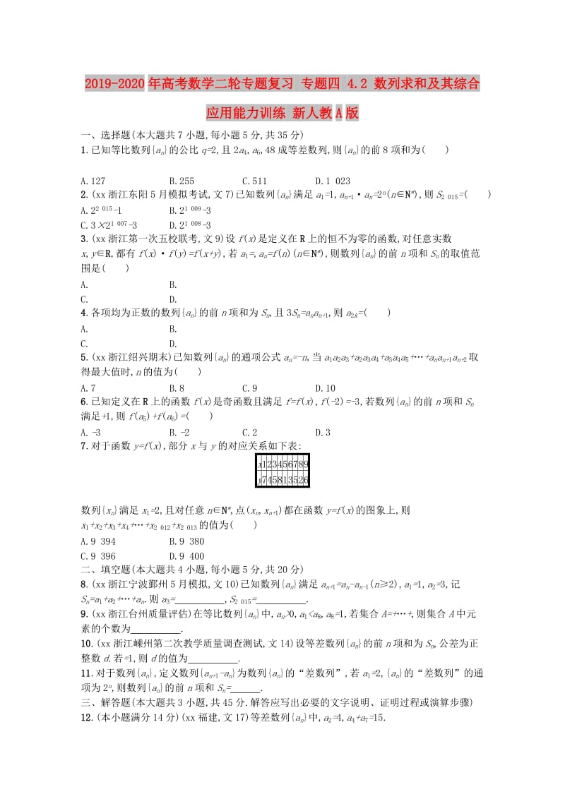 2019-2020年高考数学二轮专题复习 专题四 4.2 数列求和及其综合应用能力训练 新人教A版.doc_第1页