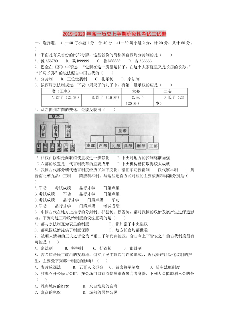 2019-2020年高一历史上学期阶段性考试三试题.doc_第1页