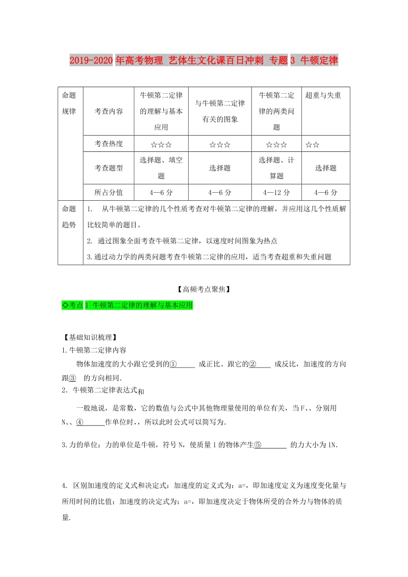 2019-2020年高考物理 艺体生文化课百日冲刺 专题3 牛顿定律.doc_第1页