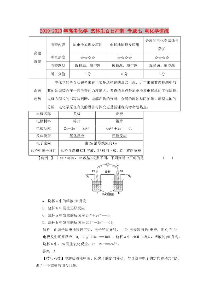 2019-2020年高考化学 艺体生百日冲刺 专题七 电化学讲练.doc_第1页