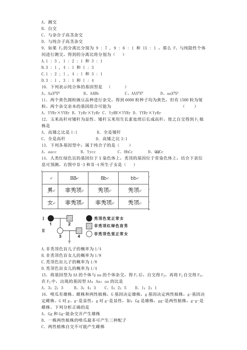 2019-2020年高三生物复习 精选单元巩固练习题 遗传基因的发现（含解析）新人教版必修2.doc_第2页