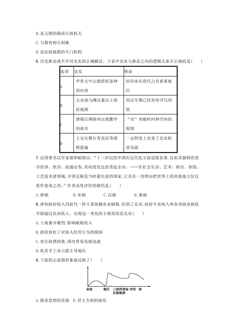 2019-2020年高考历史二轮复习 专题能力训练2 中国古代文明的成熟与繁荣-从魏晋到宋元.doc_第2页