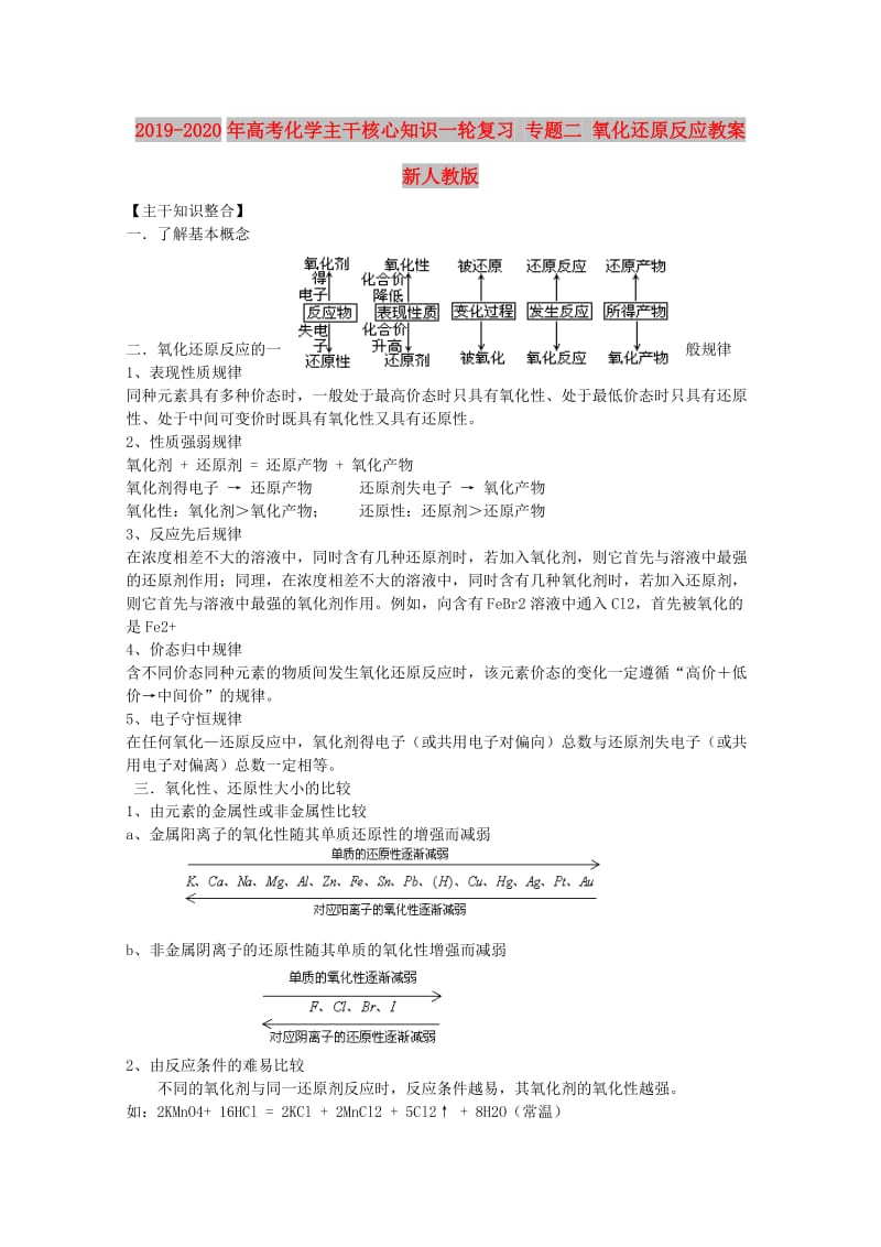 2019-2020年高考化学主干核心知识一轮复习 专题二 氧化还原反应教案 新人教版.doc_第1页