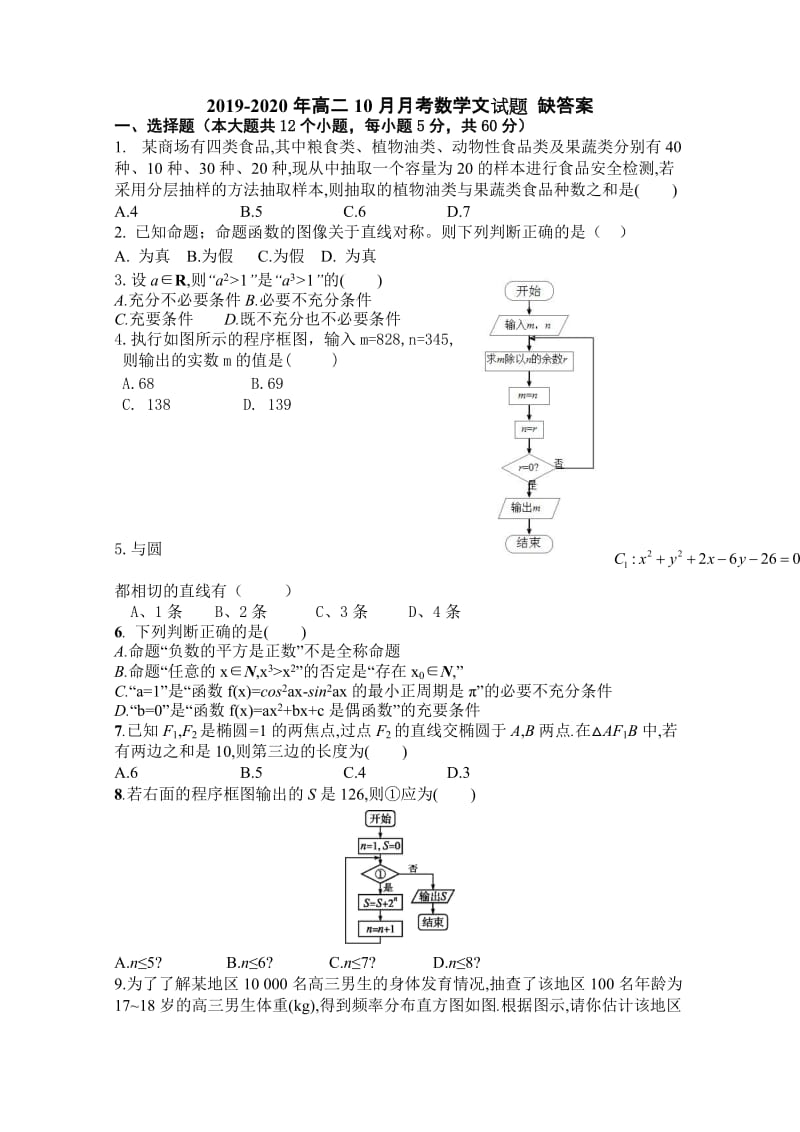 2019-2020年高二10月月考数学文试题 缺答案.doc_第1页