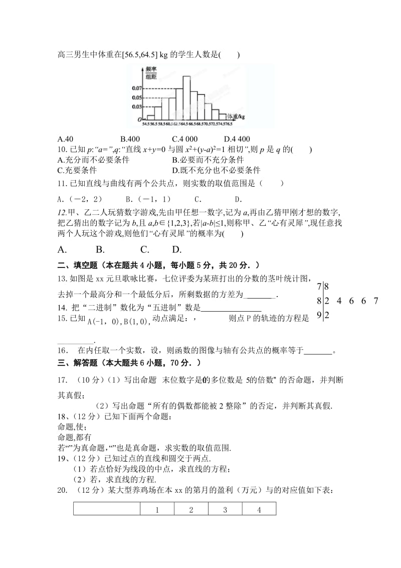 2019-2020年高二10月月考数学文试题 缺答案.doc_第2页