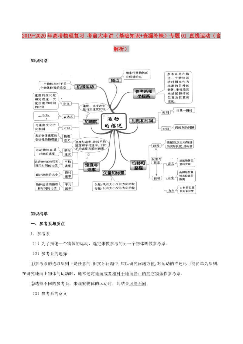 2019-2020年高考物理复习 考前大串讲（基础知识+查漏补缺）专题01 直线运动（含解析）.doc_第1页