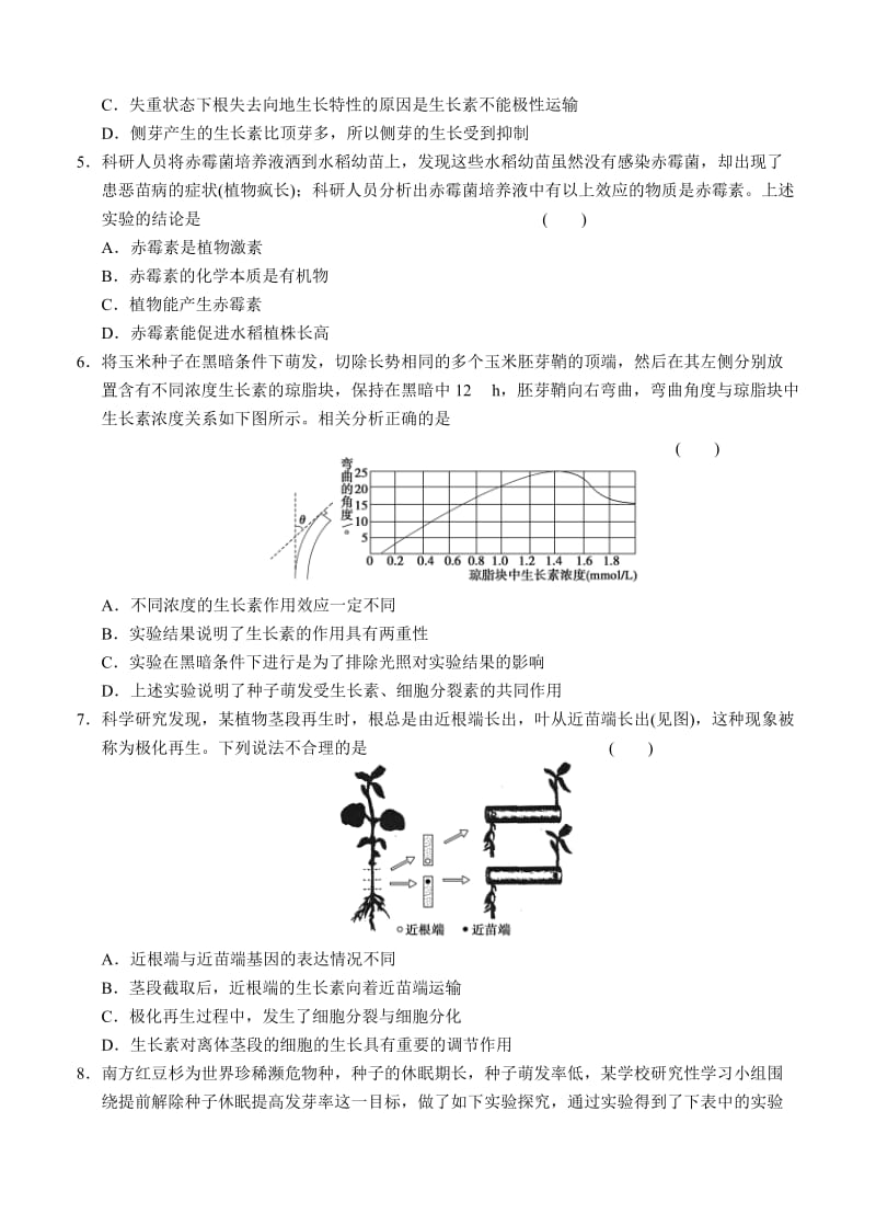 2019-2020年高三生物二轮专题复习卷 专题五　生命活动的调节 第1讲　植物的激素调节.doc_第2页