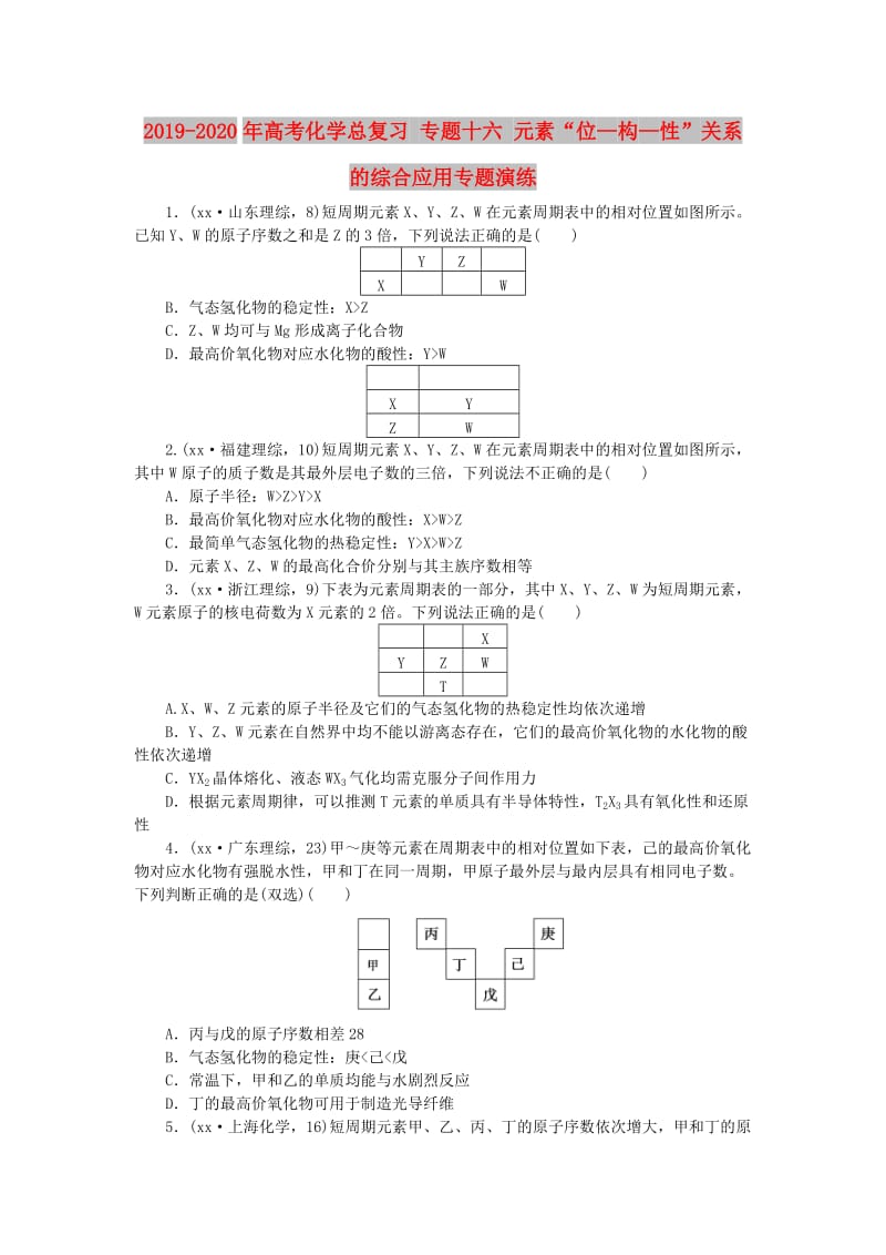 2019-2020年高考化学总复习 专题十六 元素“位—构—性”关系的综合应用专题演练.doc_第1页