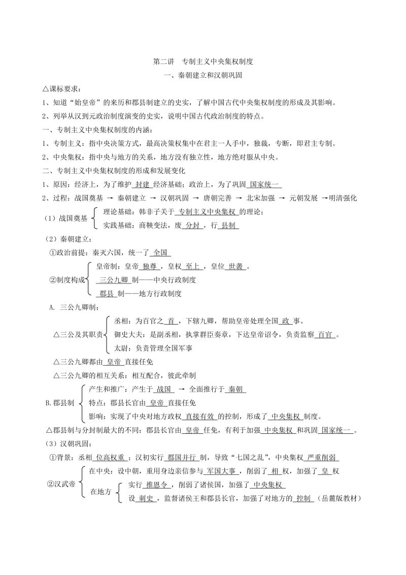 2019-2020年高三历史专题复习 专题1 古代中国的政治制度教案.doc_第2页