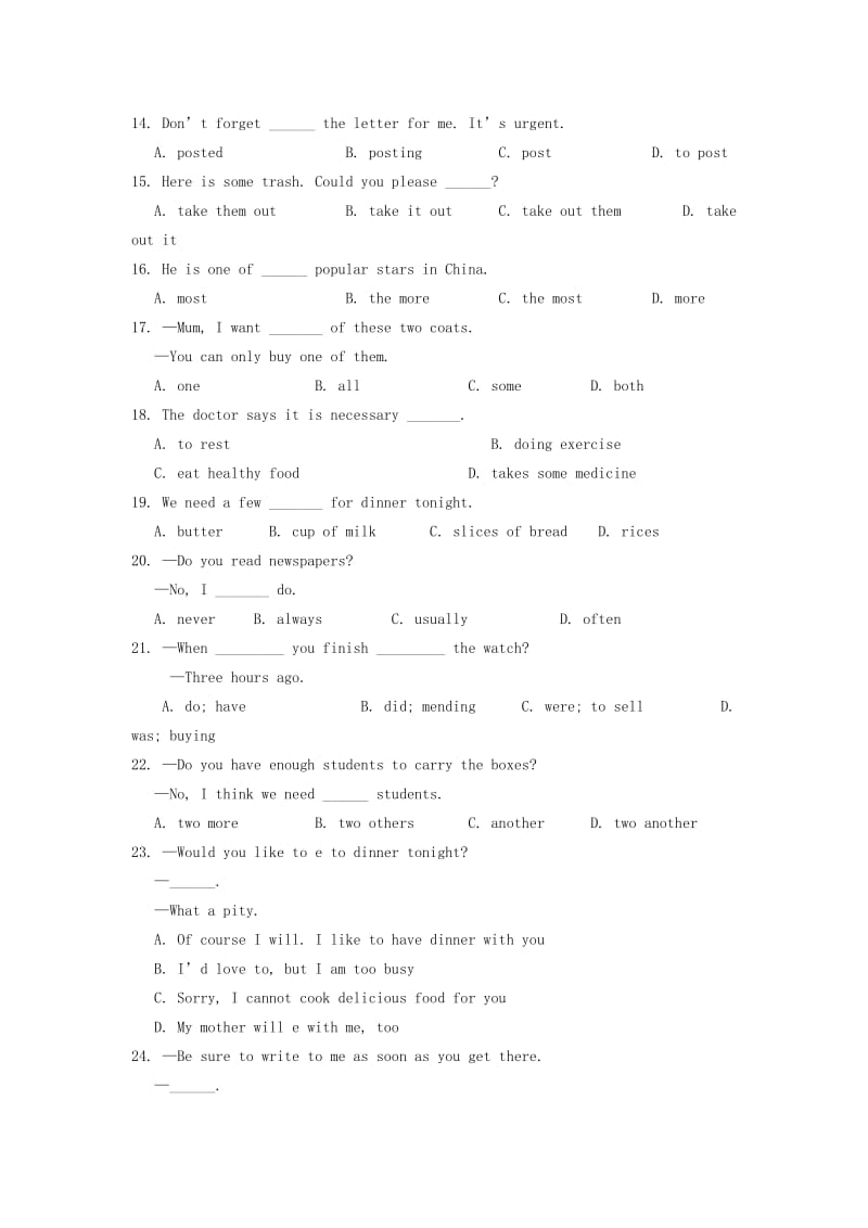 2019-2020年高一英语上学期第三次月考试题（无答案）(II).doc_第2页