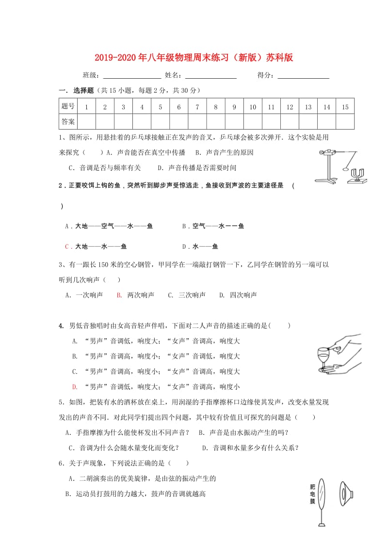 2019-2020年八年级物理周末练习（新版）苏科版.doc_第1页