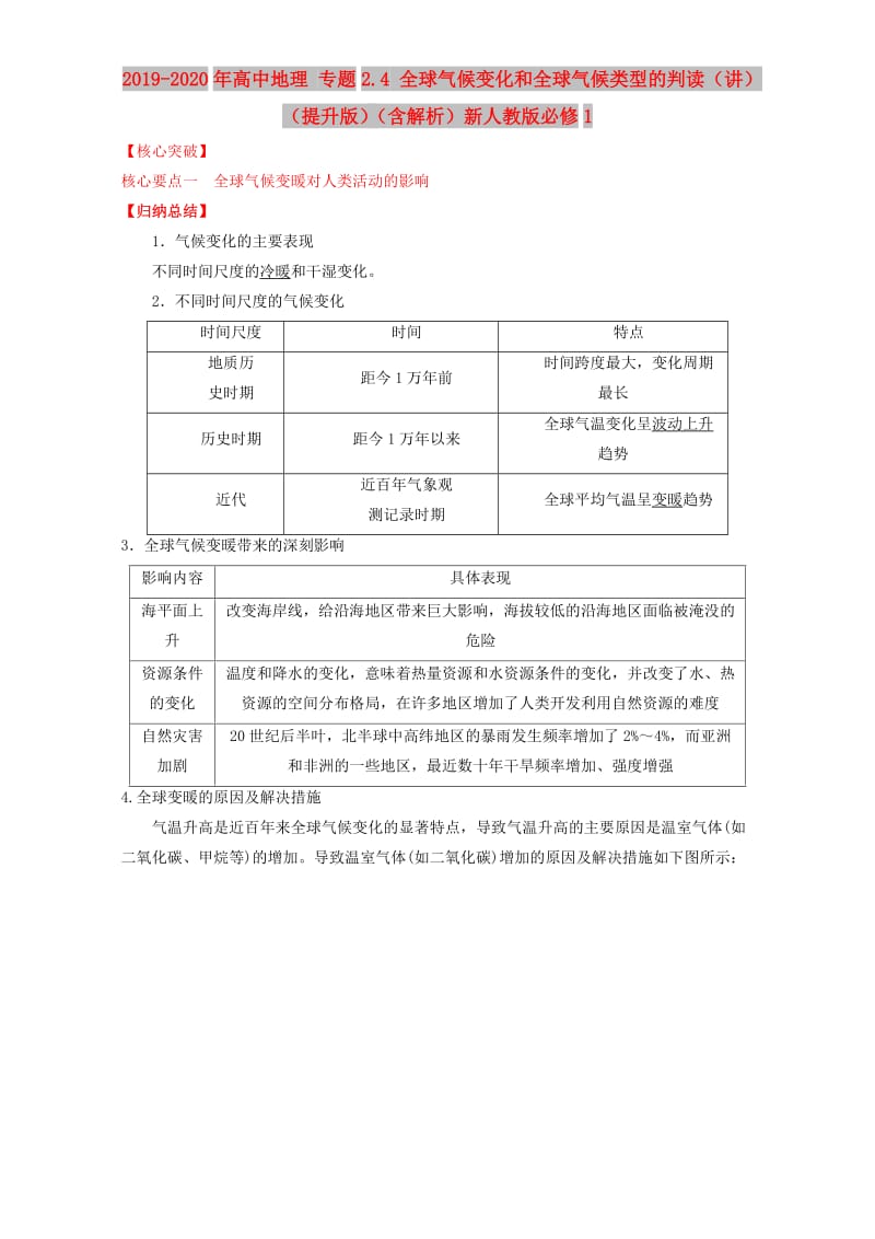 2019-2020年高中地理 专题2.4 全球气候变化和全球气候类型的判读（讲）（提升版）（含解析）新人教版必修1.doc_第1页