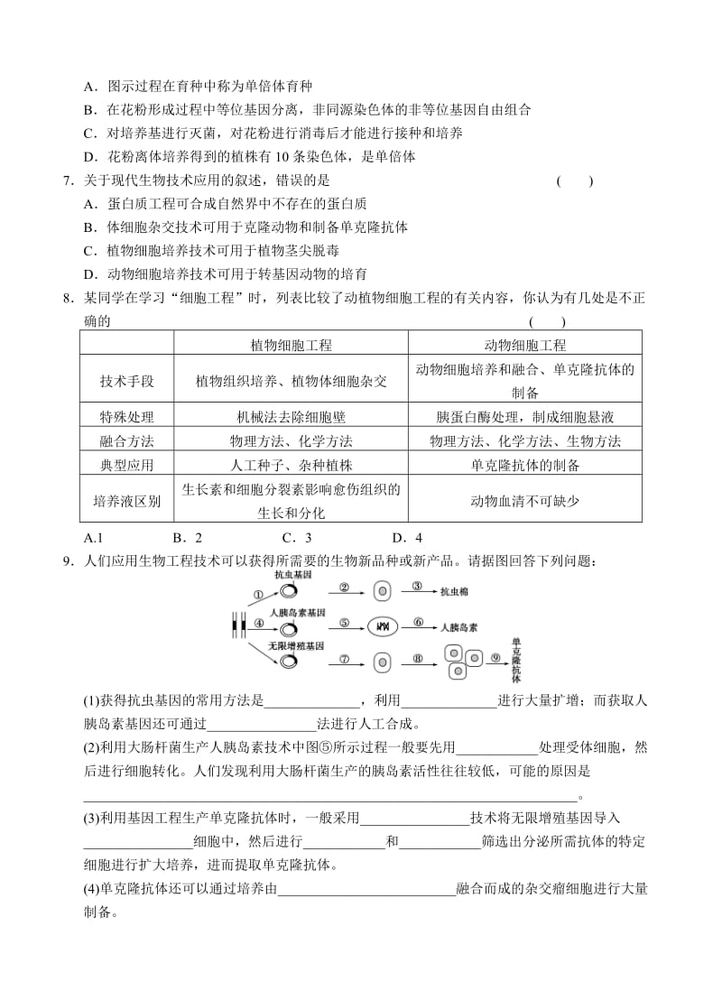 2019-2020年高三生物二轮专题复习卷 专题八　现代生物科技专题 第1讲　基因工程和克隆技术.doc_第2页