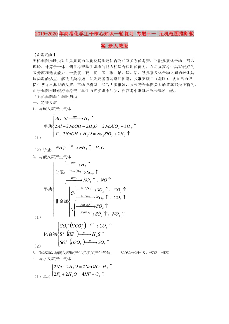 2019-2020年高考化学主干核心知识一轮复习 专题十一 无机框图推断教案 新人教版.doc_第1页