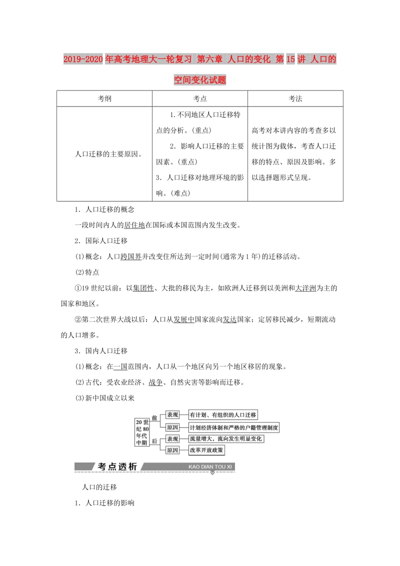 2019-2020年高考地理大一轮复习 第六章 人口的变化 第15讲 人口的空间变化试题.doc_第1页