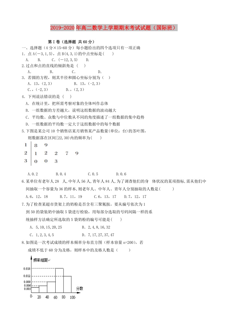 2019-2020年高二数学上学期期末考试试题（国际班）.doc_第1页