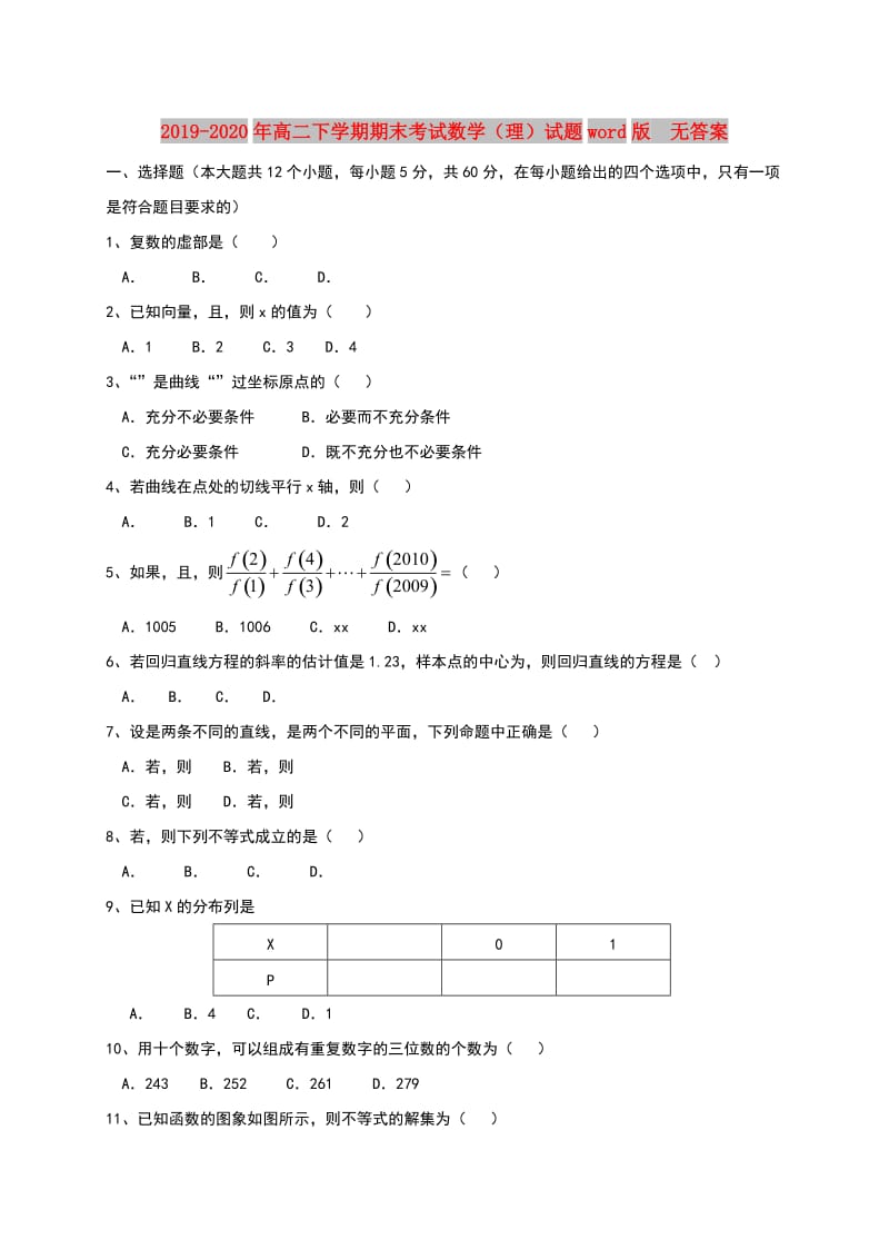 2019-2020年高二下学期期末考试数学（理）试题word版 无答案.doc_第1页