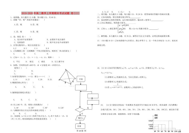 2019-2020年高二数学上学期期末考试试题 理(III).doc_第1页