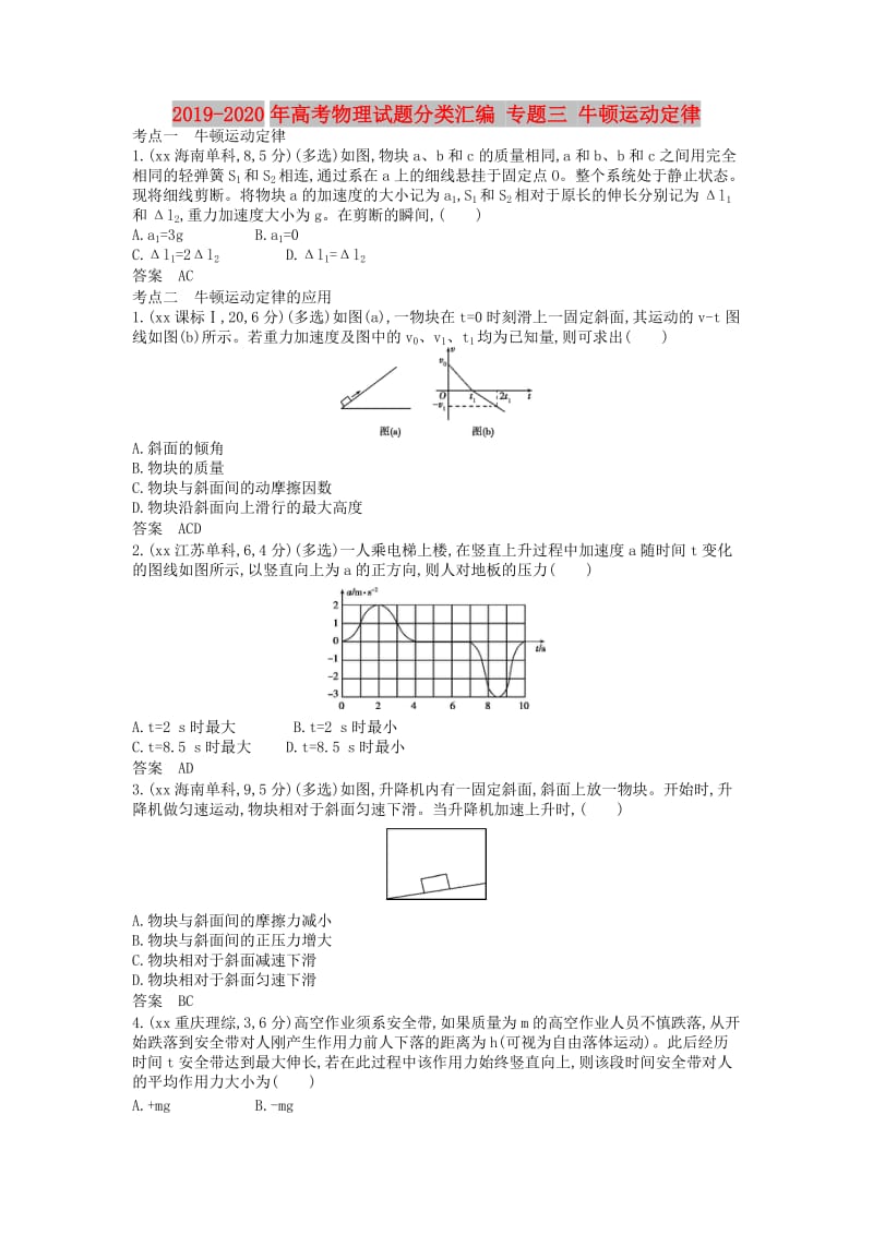 2019-2020年高考物理试题分类汇编 专题三 牛顿运动定律.doc_第1页